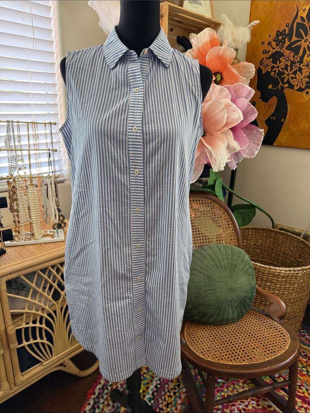 Vineyard Vines Blue & White Striped Seersucker Preppy Nantucket Shirt Dress